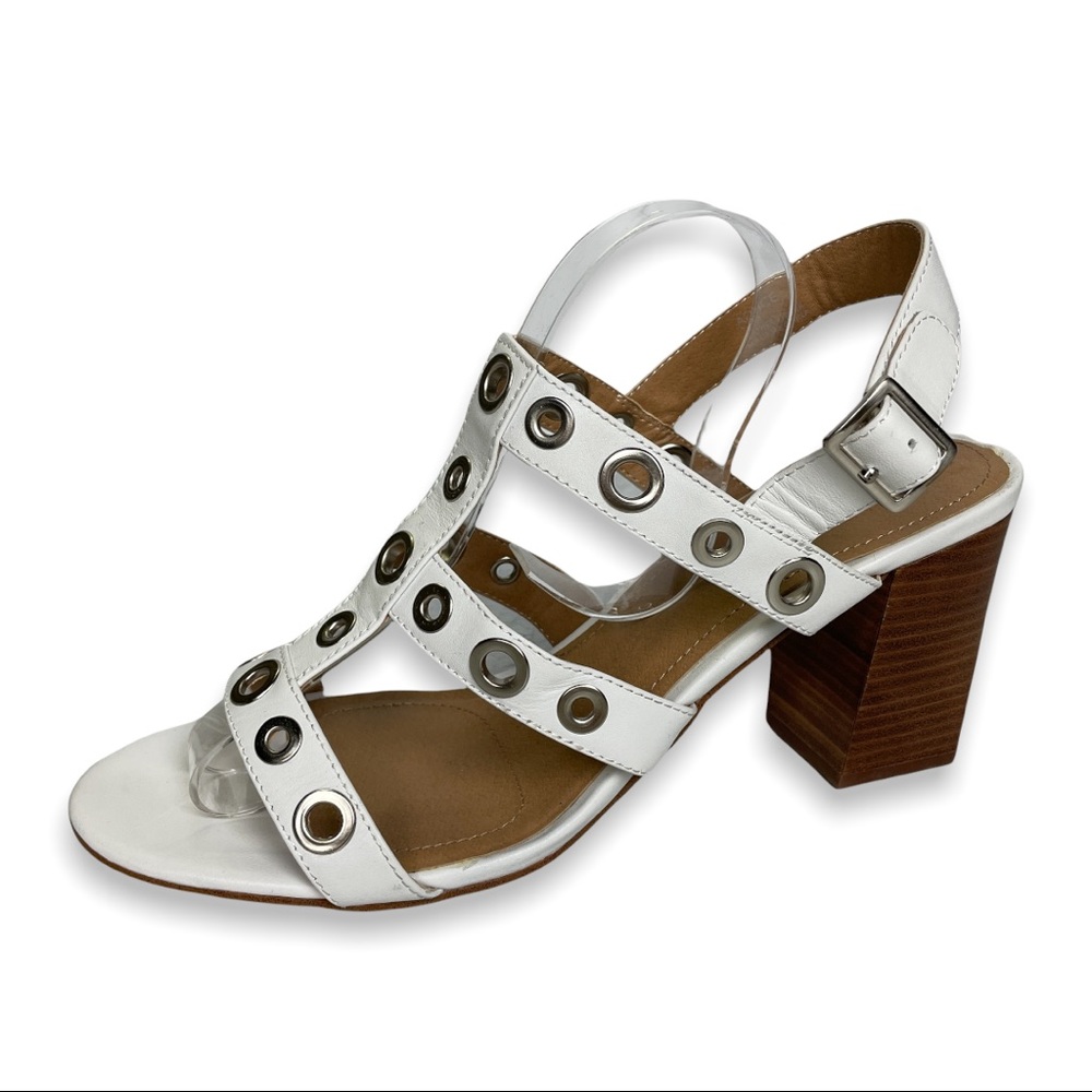 TAHARI White Grommet Detail Strappy Block Heel Sandals, Sz 11 But Easily a 10